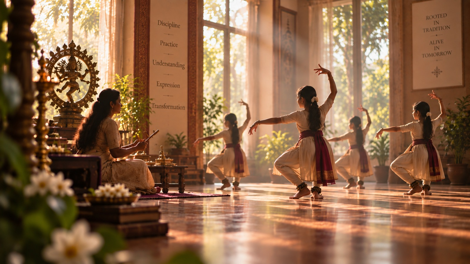 Students of Sriyam Kala Mandir practising Bharatanatyam in a sunlit hall