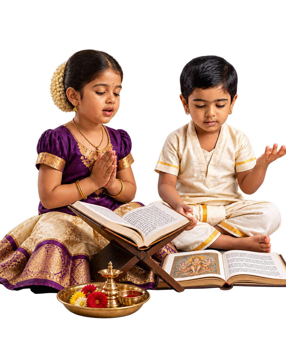 Children learning shlokas with traditional books and a brass lamp