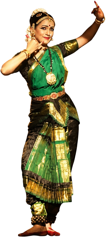 Amrutha Sriram in a Bharatanatyam dance pose with hand near chin