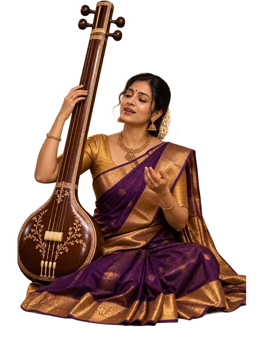 Carnatic vocalist seated with a Tanpura
